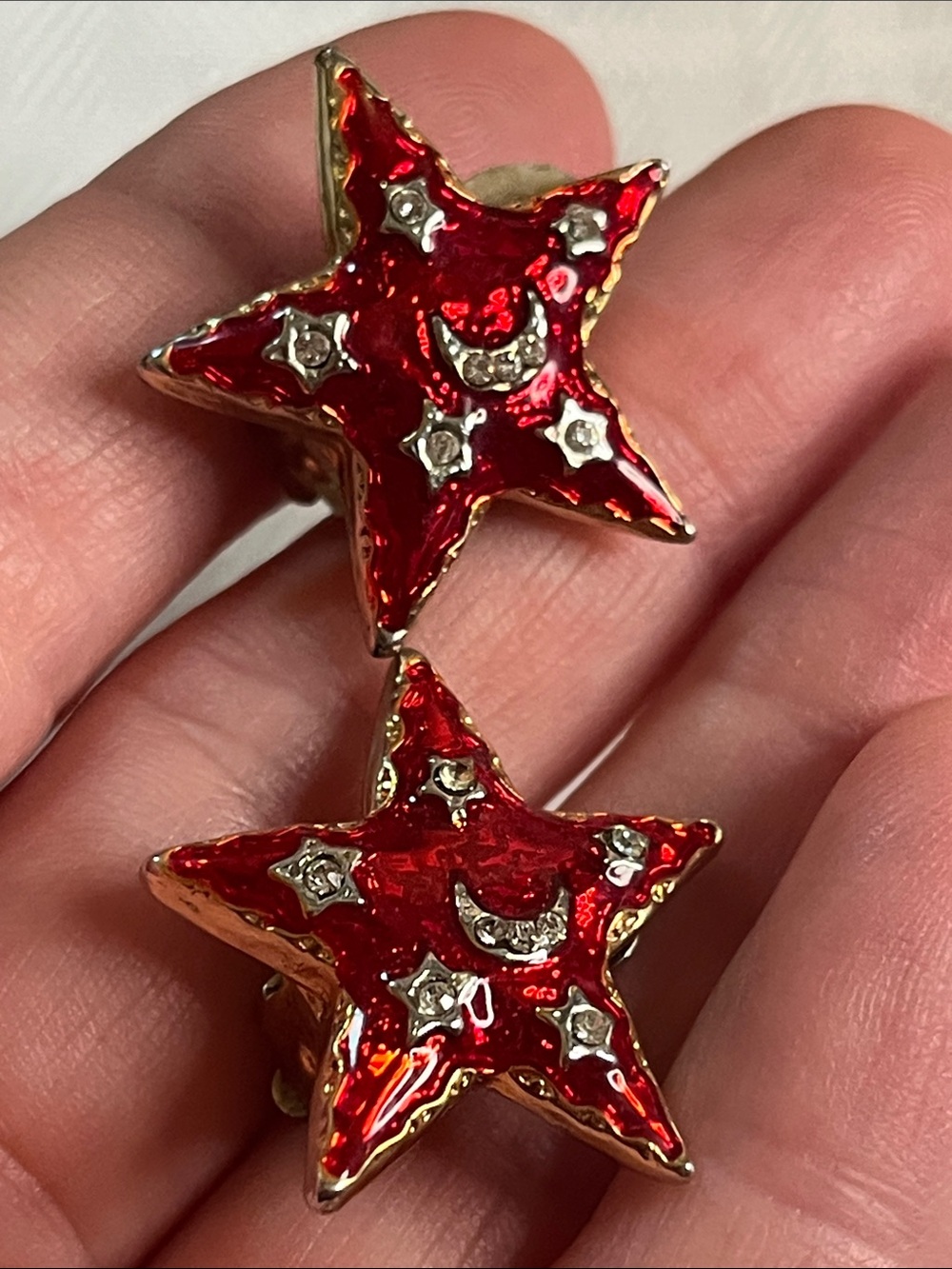 Red Star Clip-ons with red enamel and clear rhinestones